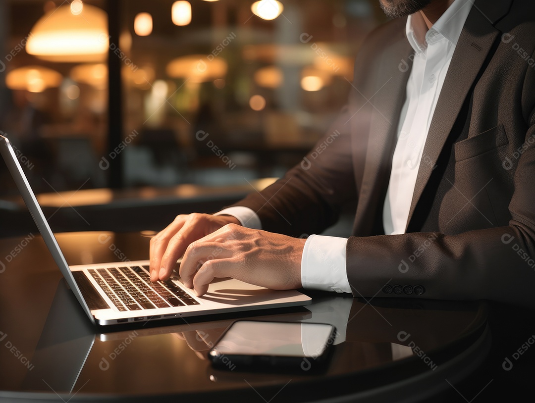 Mão do empresário usando laptop, sem porta café, refrigeração, conceito de tecnologia.