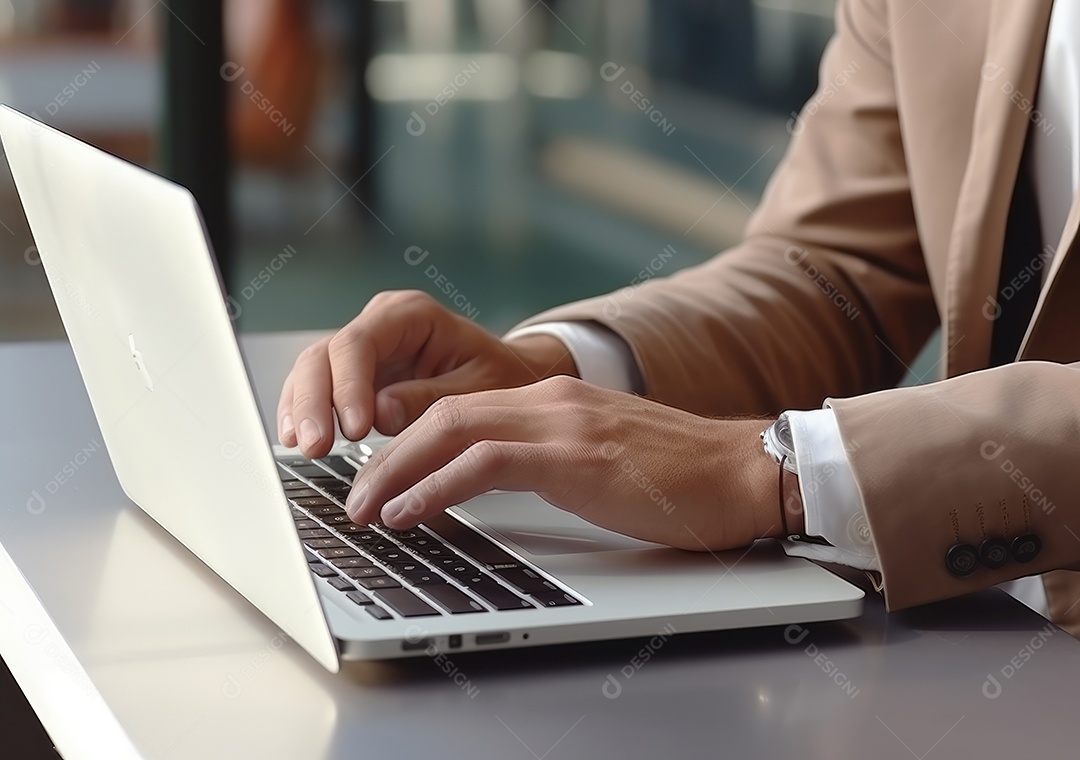 Mão do empresário usando laptop, sem porta café, refrigeração, conceito de tecnologia.