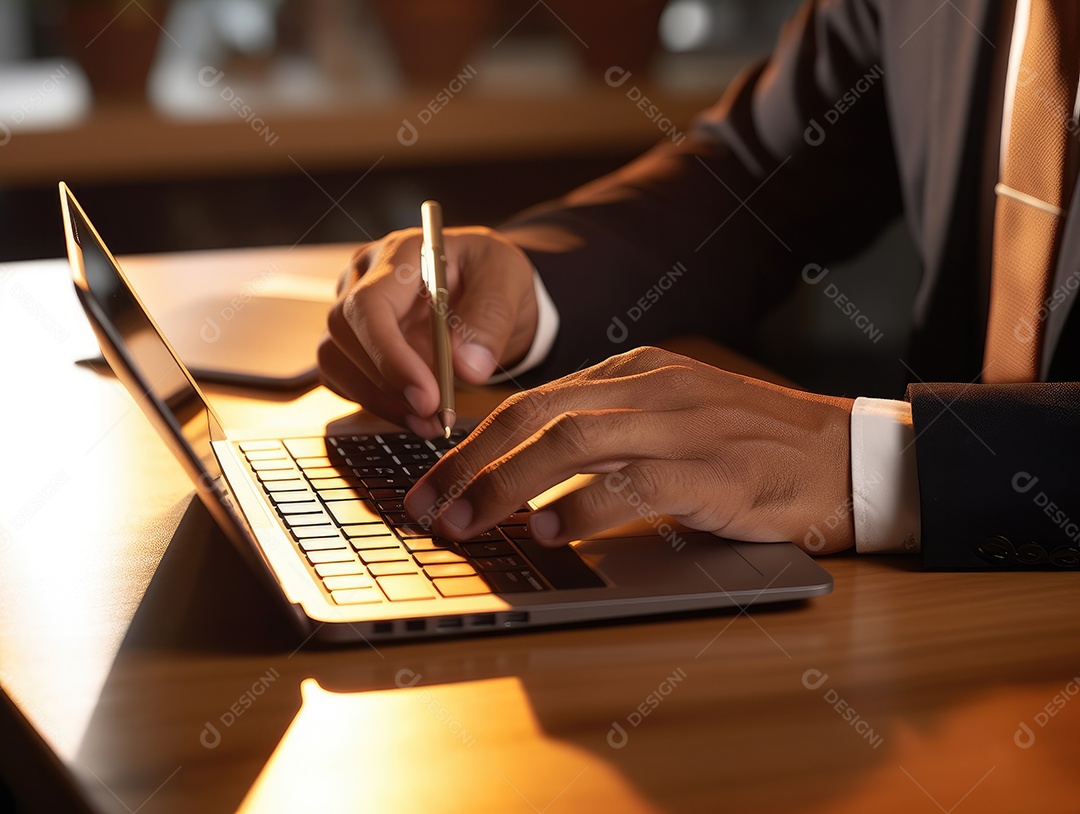 Mão do empresário usando laptop, sem porta café, refrigeração, conceito de tecnologia.