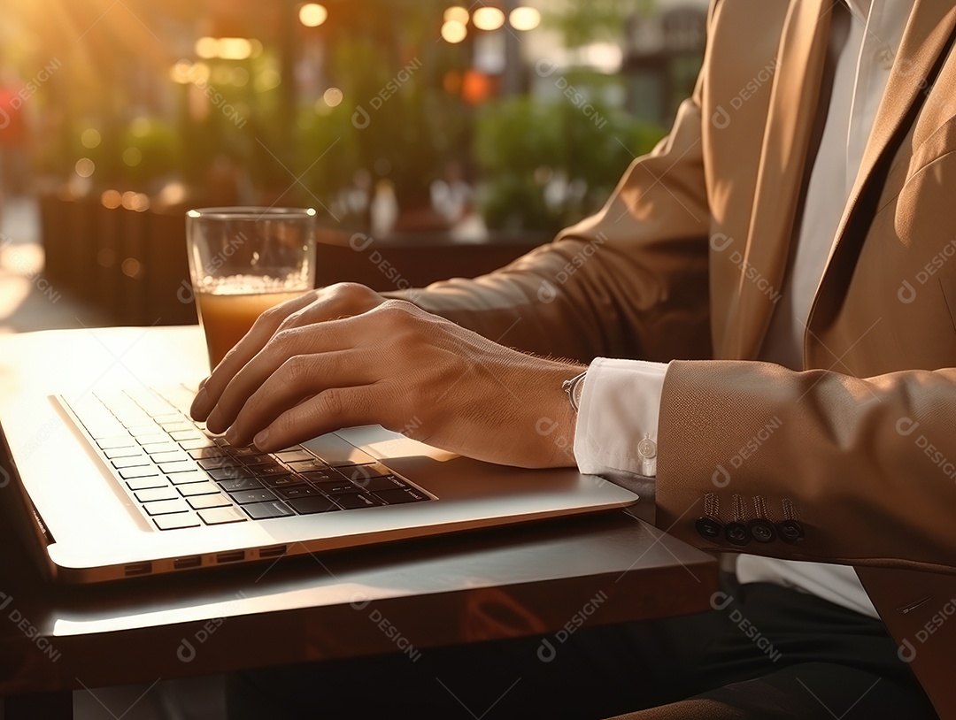 Mão do empresário usando laptop, sem porta café, refrigeração, conceito de tecnologia.