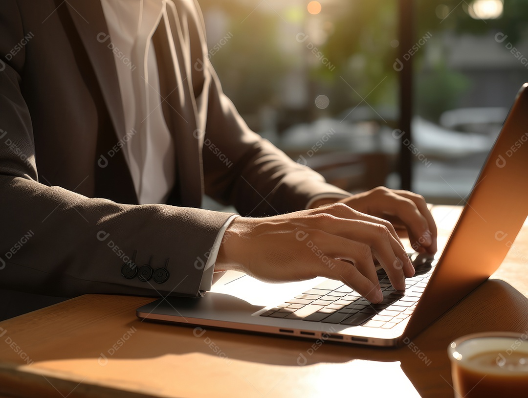 Mão do empresário usando laptop, sem porta café, refrigeração, conceito de tecnologia.