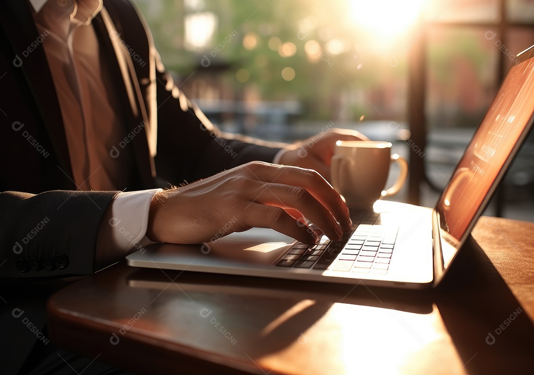 Mão do empresário usando laptop, sem porta café, refrigeração, conceito de tecnologia.