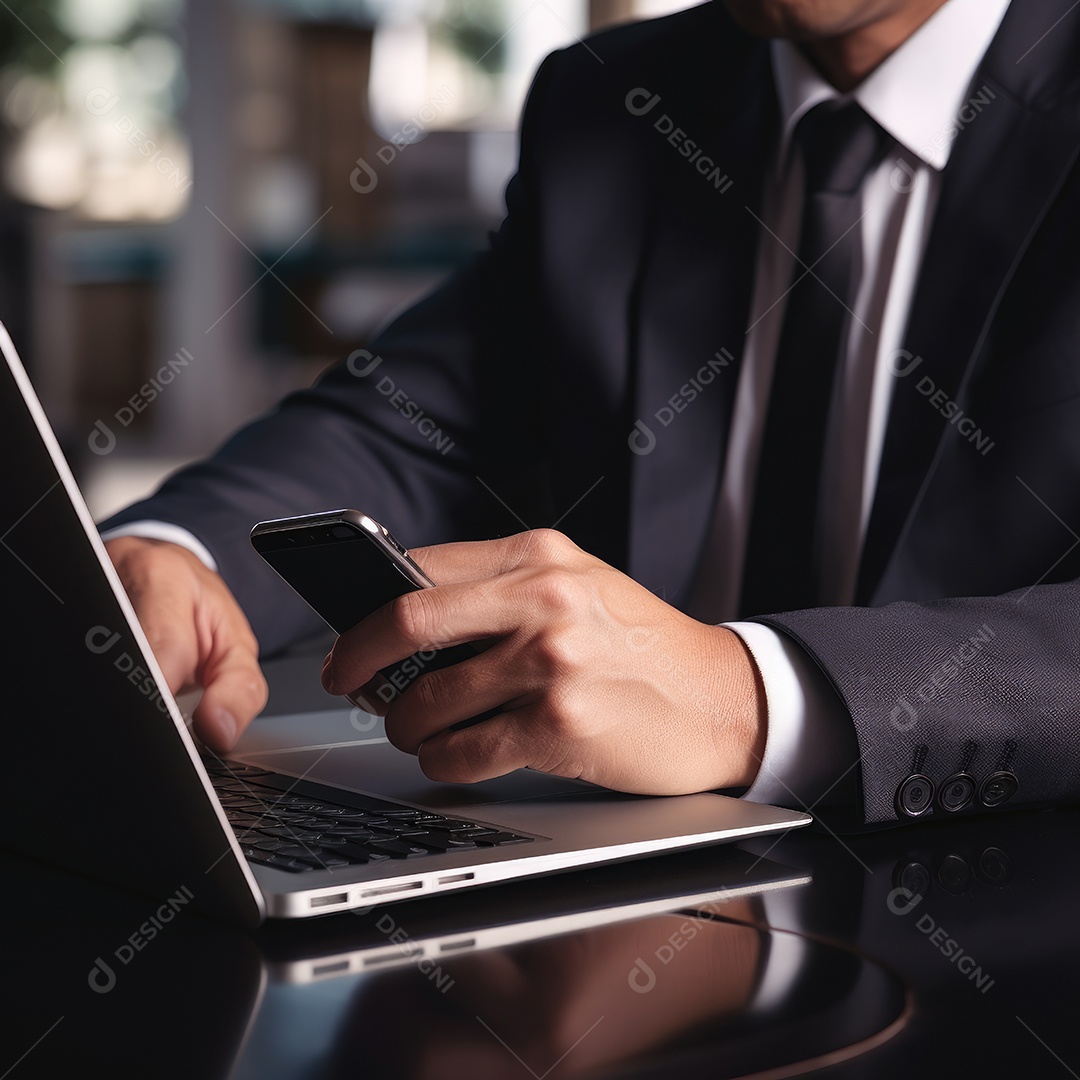 Mão do empresário usando laptop, sem porta café, refrigeração, conceito de tecnologia.