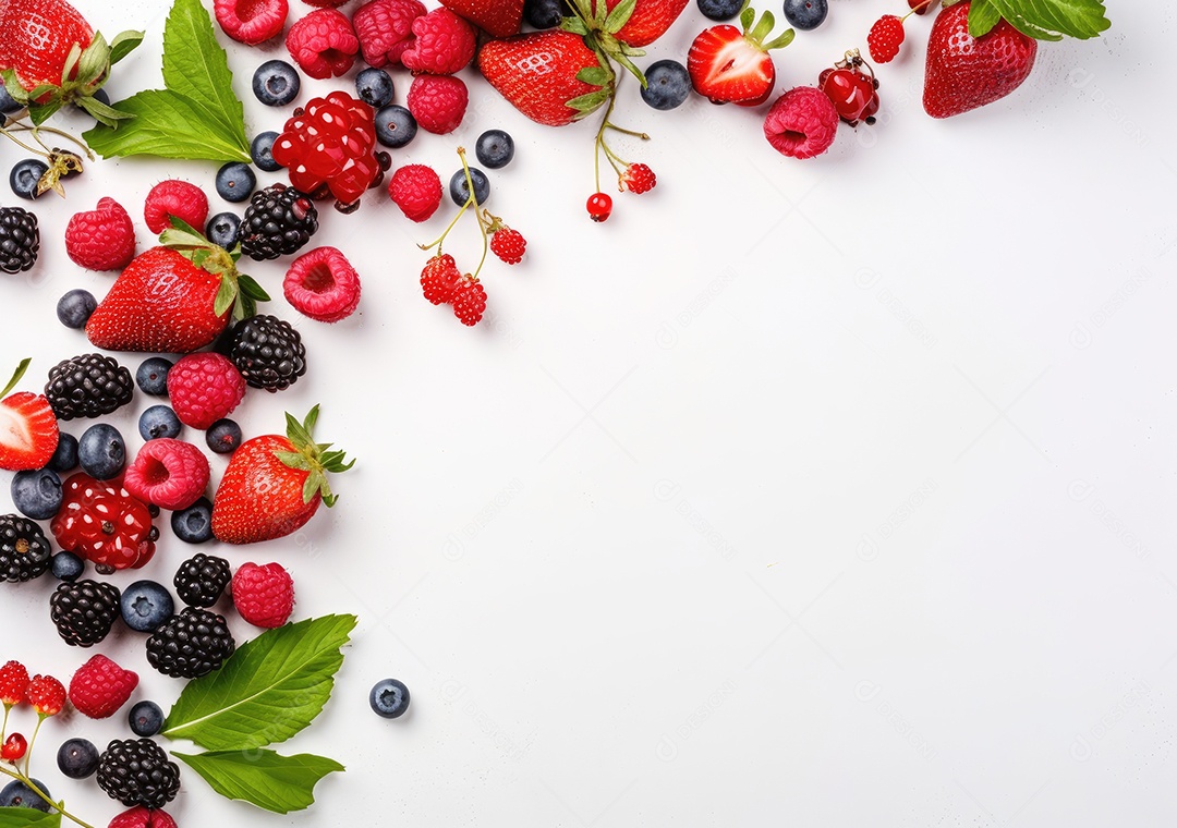 Quadro de frutas frescas em fundo branco moldura da baga