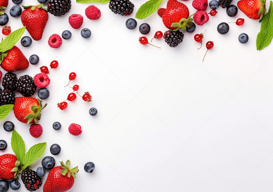 Quadro de frutas frescas em fundo branco moldura da baga