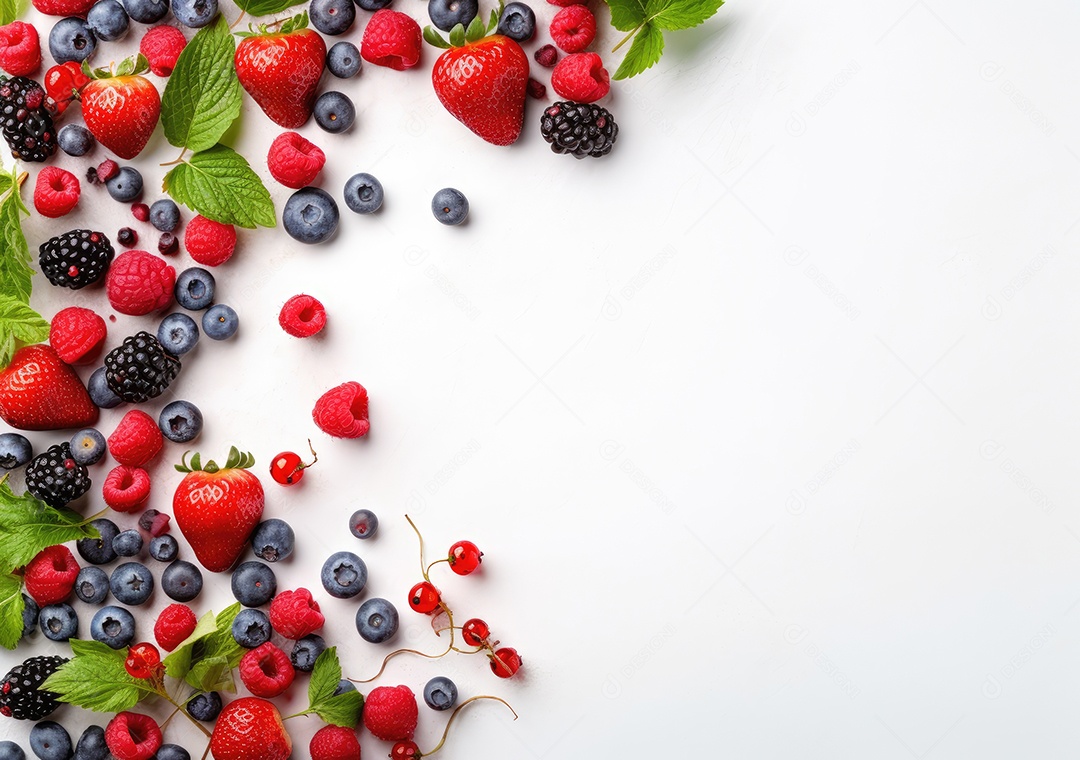 Quadro de frutas frescas em fundo branco moldura da baga