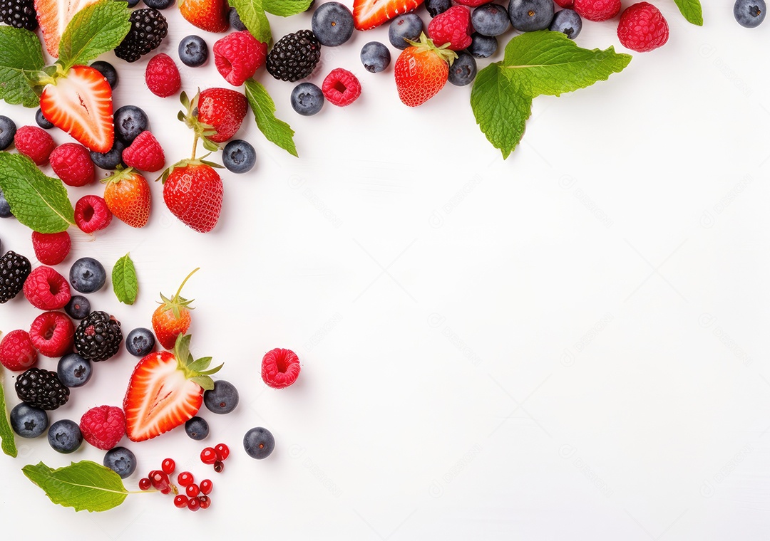 Quadro de frutas frescas em fundo branco moldura da baga