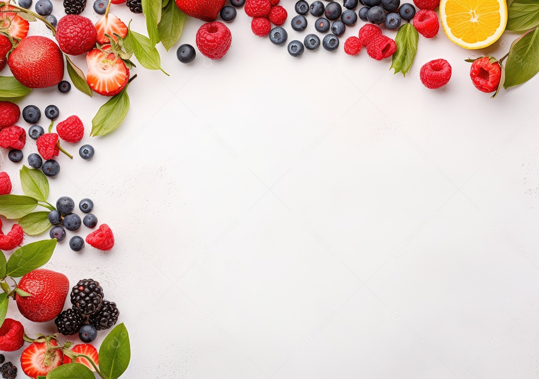 Quadro de frutas frescas em fundo branco moldura da baga