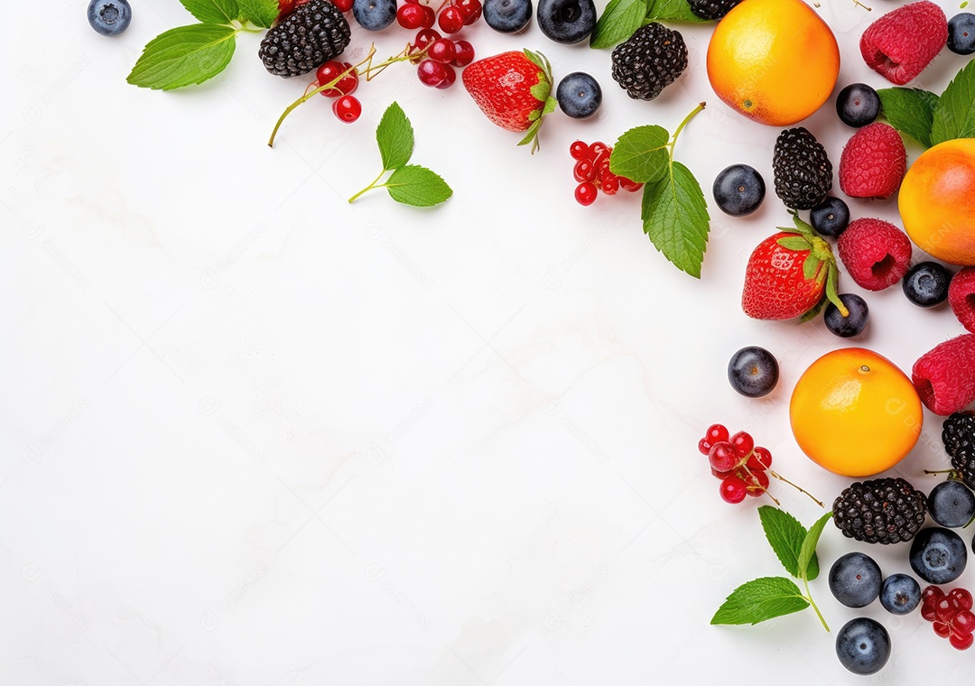 Quadro de frutas frescas em fundo branco moldura da baga