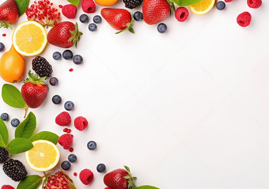 Quadro de frutas frescas em fundo branco moldura da baga