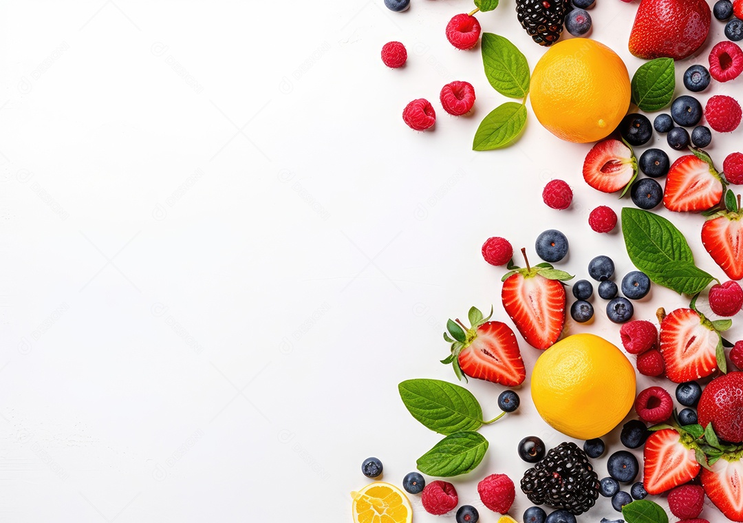 Quadro de frutas frescas em fundo branco moldura da baga