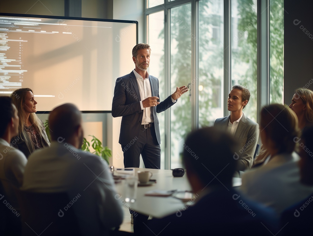 Apresentação de negócios, empresário fazendo uma apresentação no escritório