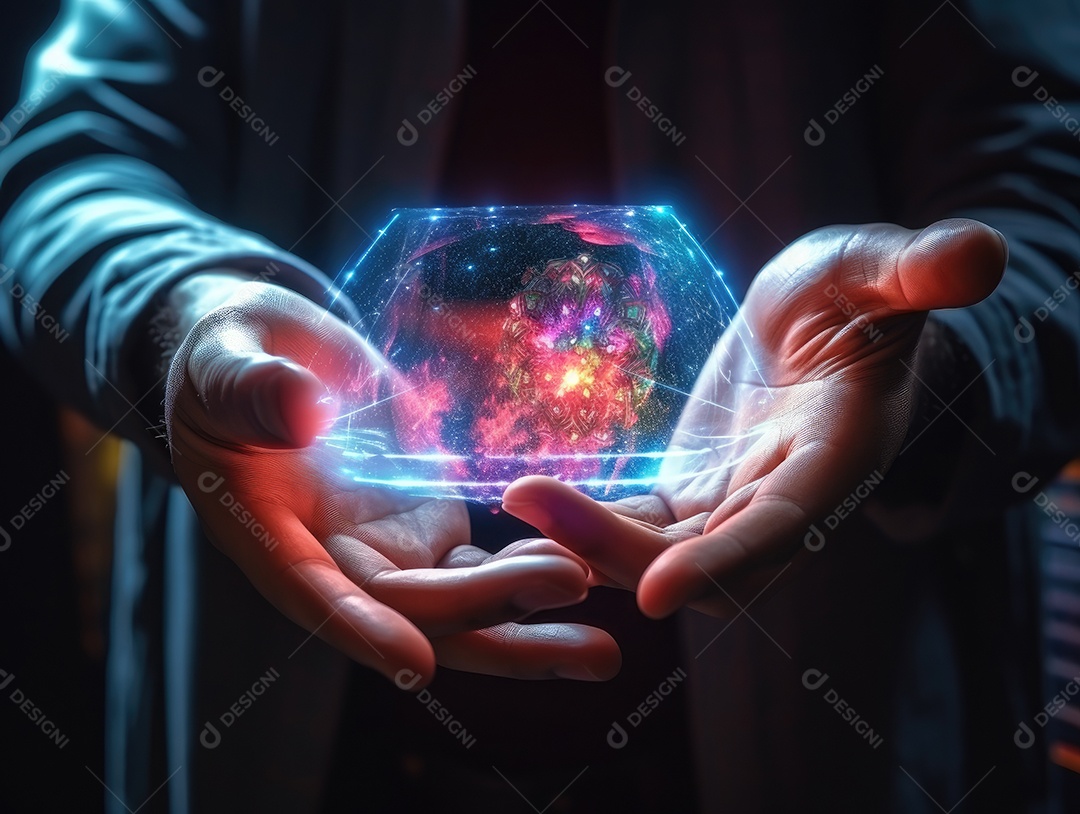 Tecnologia de rede global ai, holograma com luz e mão de humana