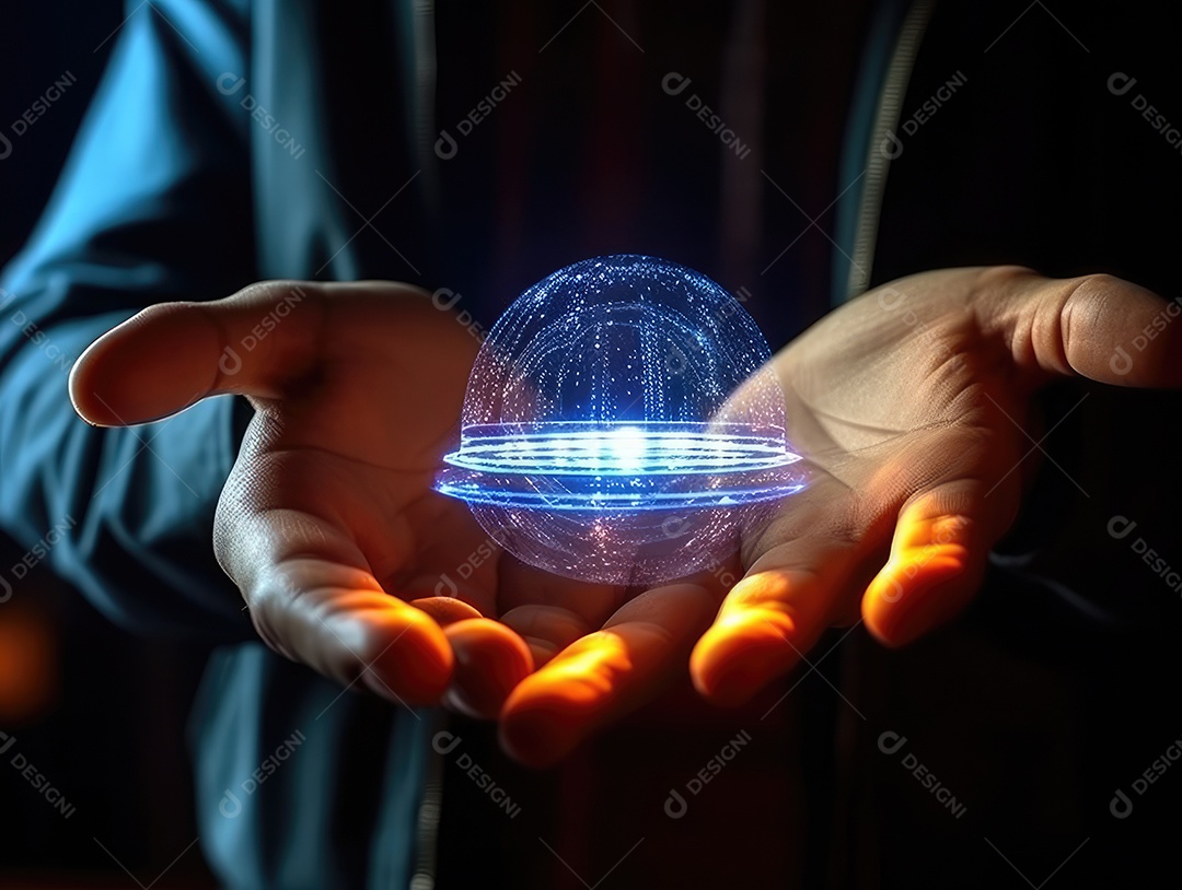 Tecnologia de rede global ai, holograma com luz e mão de humana