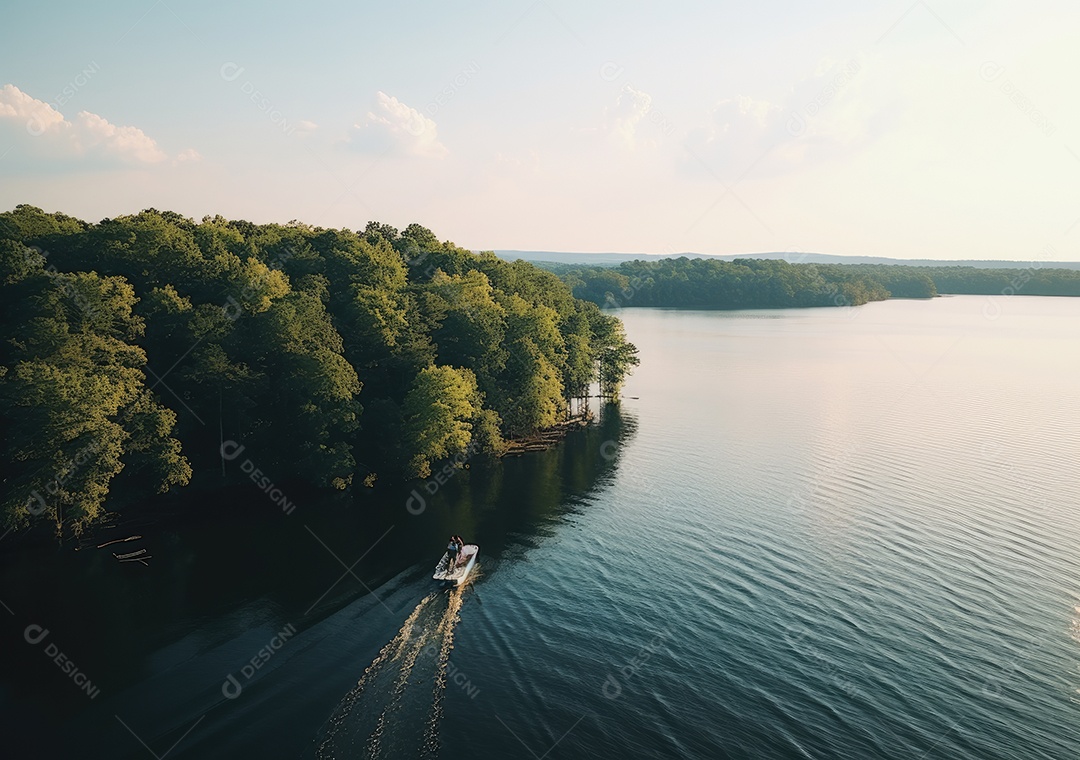 Vista aérea do lago, lago no nascer do sol da manhã. Ecossistemas de água doce, zonas húmidas e protecção ambiental.