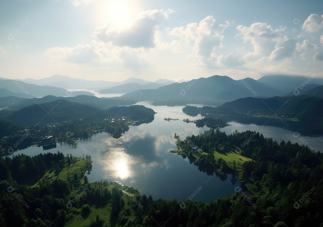 Vista aérea do lago, lago no nascer do sol da manhã. Ecossistemas de água doce, zonas húmidas e protecção ambiental.