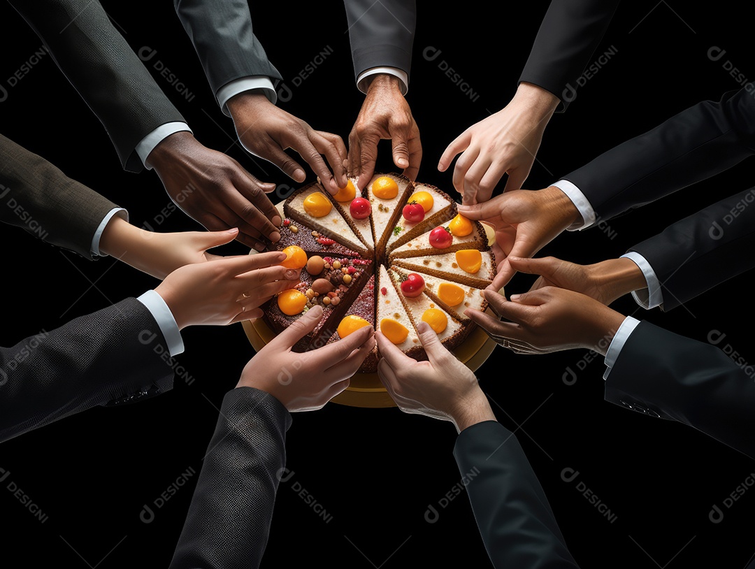 Mãos se estendendo para pegar uma fatia de bolo