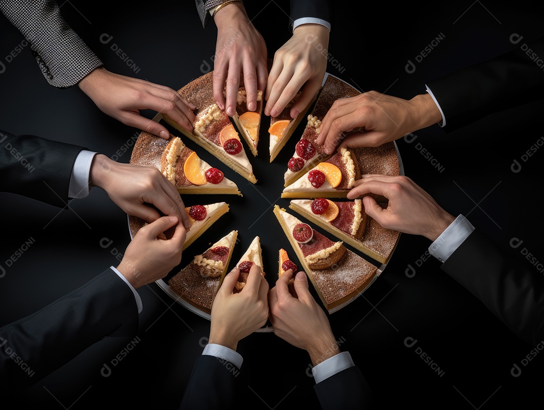 Mãos se estendendo para pegar uma fatia de bolo