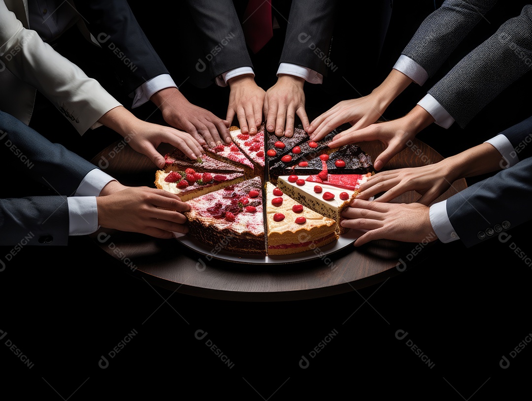 Mãos se estendendo para pegar uma fatia de bolo