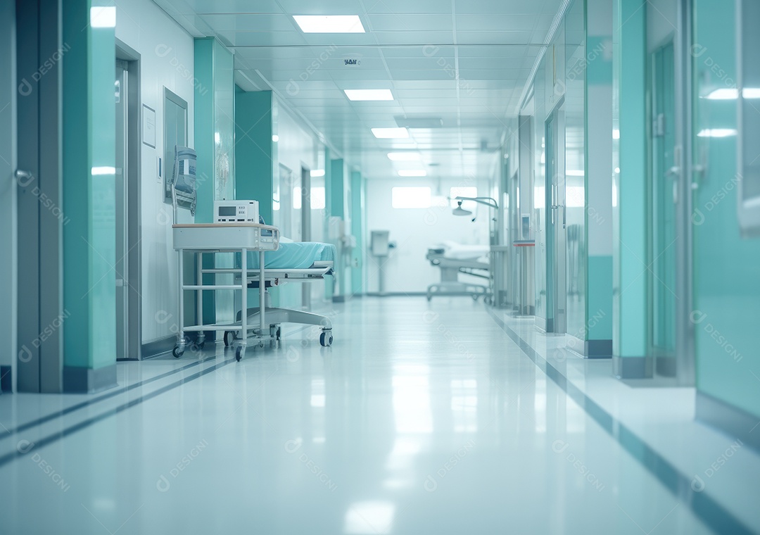 Corredor profundo do hospital, detalhe de um corredor branco em um hospital, arquitetura e saúde. Longo corredor com cama médica em hospital moderno.