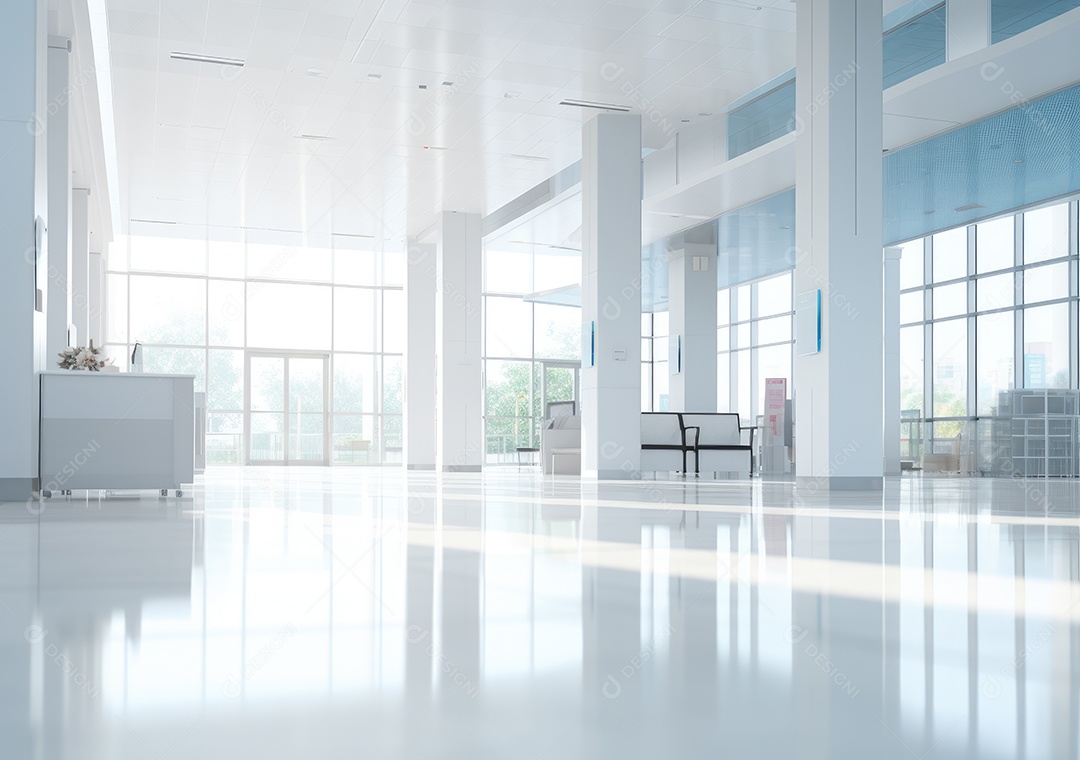 Corredor profundo do hospital, detalhe de um corredor branco em um hospital, arquitetura e saúde. Longo corredor com cama médica em hospital moderno.