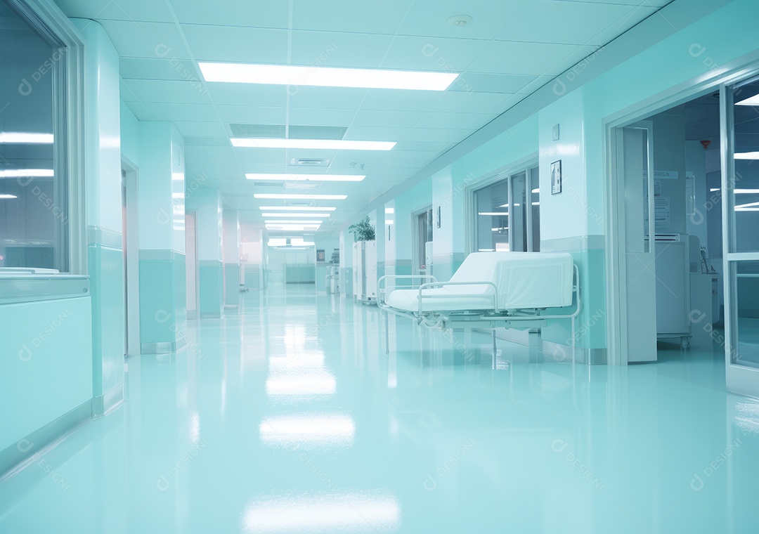 Corredor profundo do hospital, detalhe de um corredor branco em um hospital, arquitetura e saúde. Longo corredor com cama médica em hospital moderno.