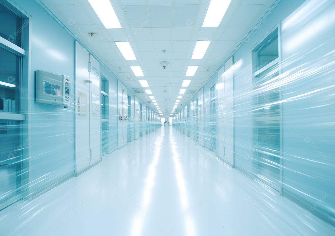 Corredor profundo do hospital, detalhe de um corredor branco em um hospital, arquitetura e saúde. Longo corredor com cama médica em hospital moderno.