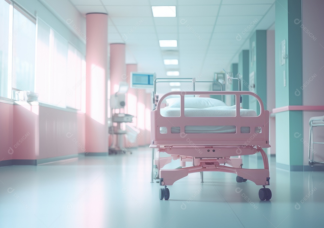 Corredor profundo do hospital, detalhe de um corredor branco em um hospital, arquitetura e saúde. Longo corredor com cama médica em hospital moderno.