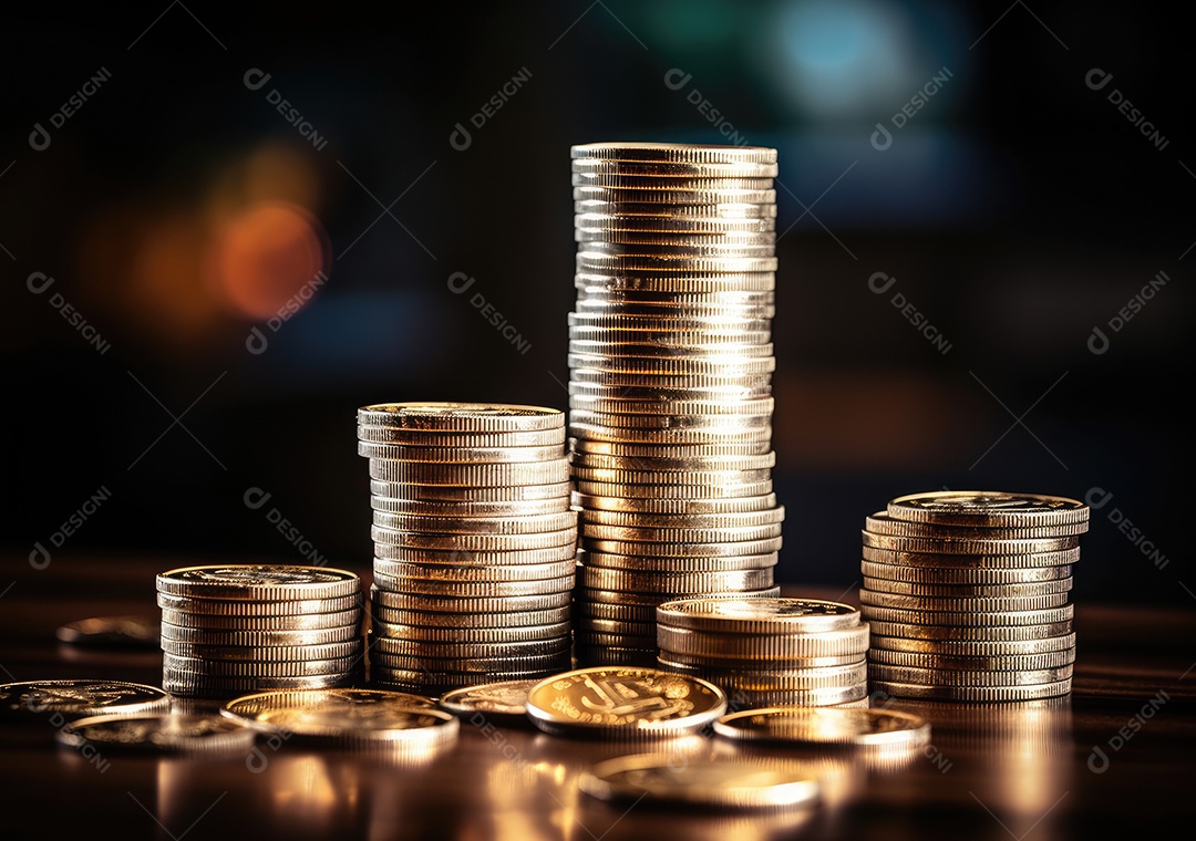 Pilha de pilha de moedas de prata e gráfico de dinheiro crescente em linhas.