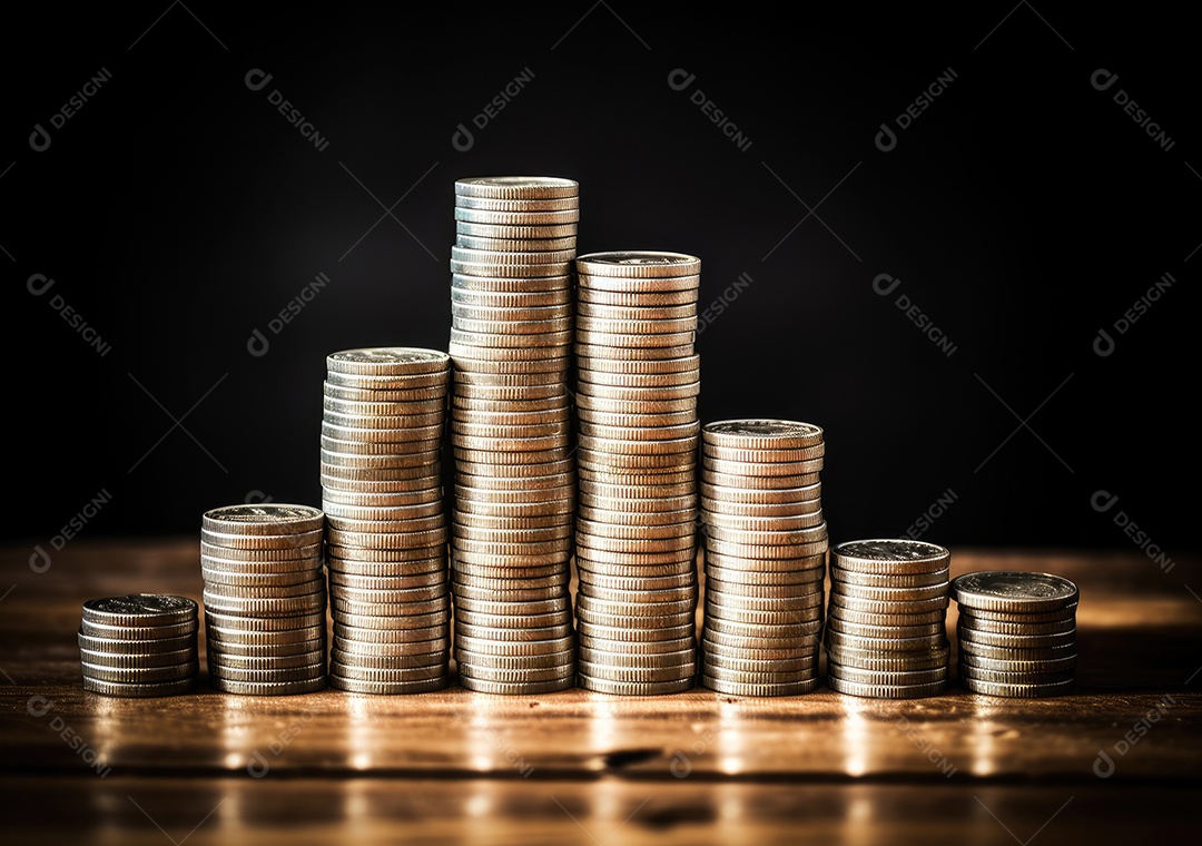 Pilha de pilha de moedas de prata e gráfico de dinheiro crescente em linhas.