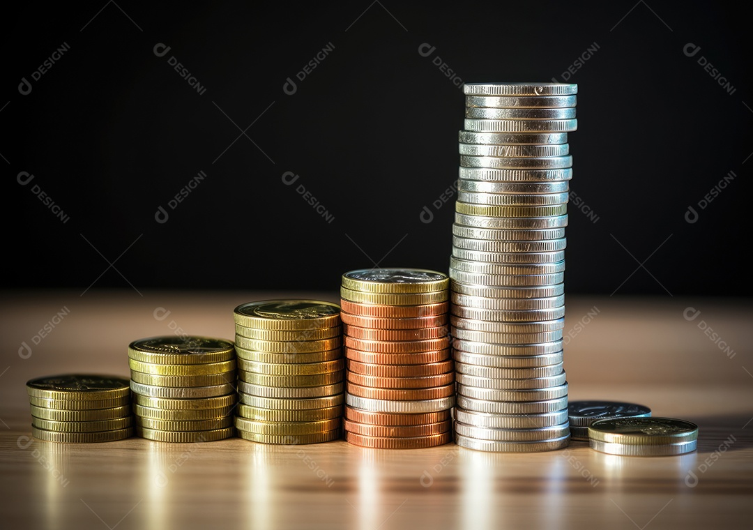 Pilha de pilha de moedas de prata e gráfico de dinheiro crescente em linhas.