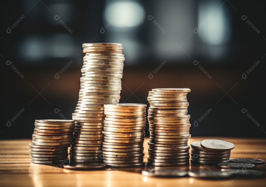 Pilha de pilha de moedas de prata e gráfico de dinheiro crescente em linhas.