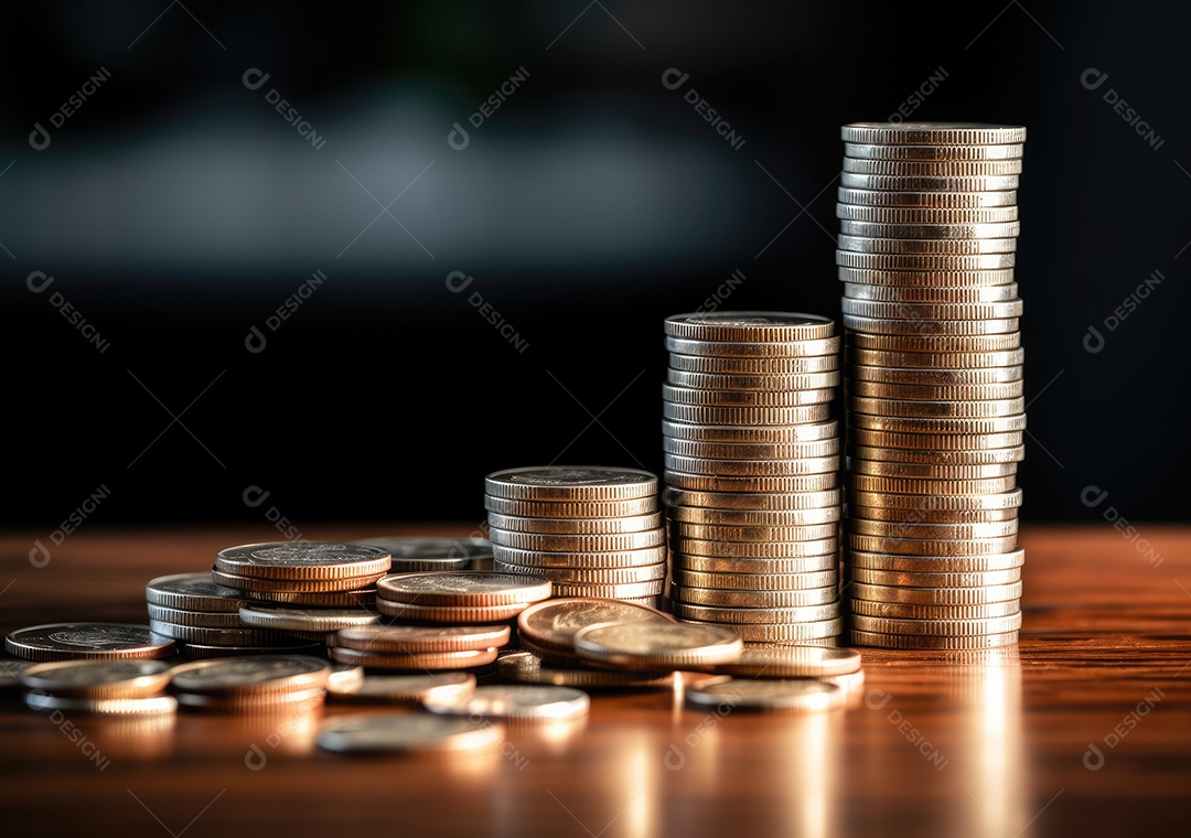 Pilha de pilha de moedas de prata e gráfico de dinheiro crescente em linhas.