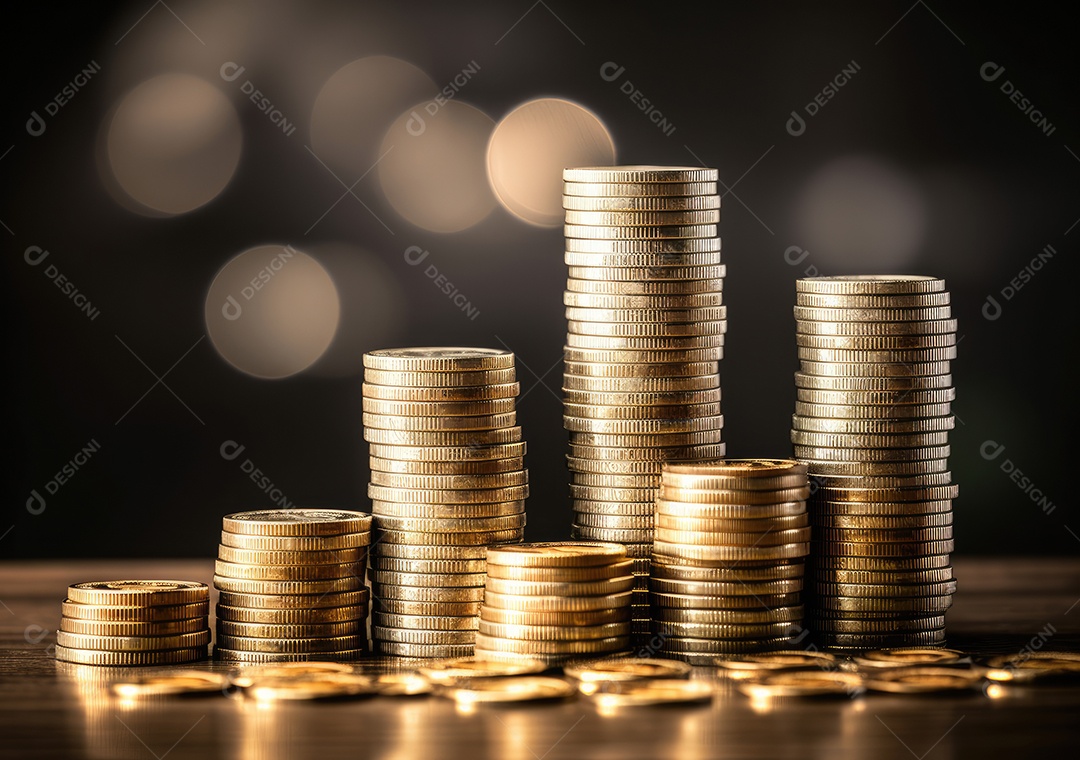 Pilha de pilha de moedas de prata e gráfico de dinheiro crescente em linhas.