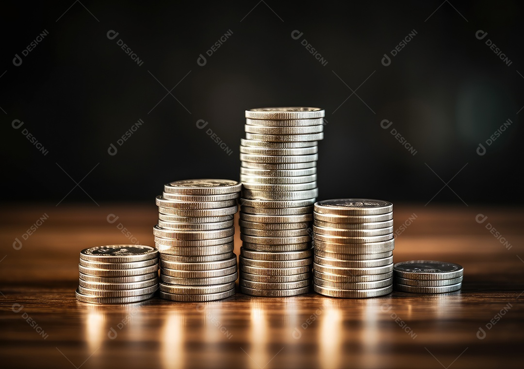 Pilha de pilha de moedas de prata e gráfico de dinheiro crescente em linhas.