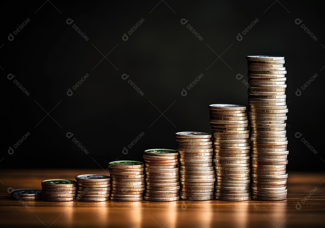 Pilha de pilha de moedas de prata e gráfico de dinheiro crescente em linhas.