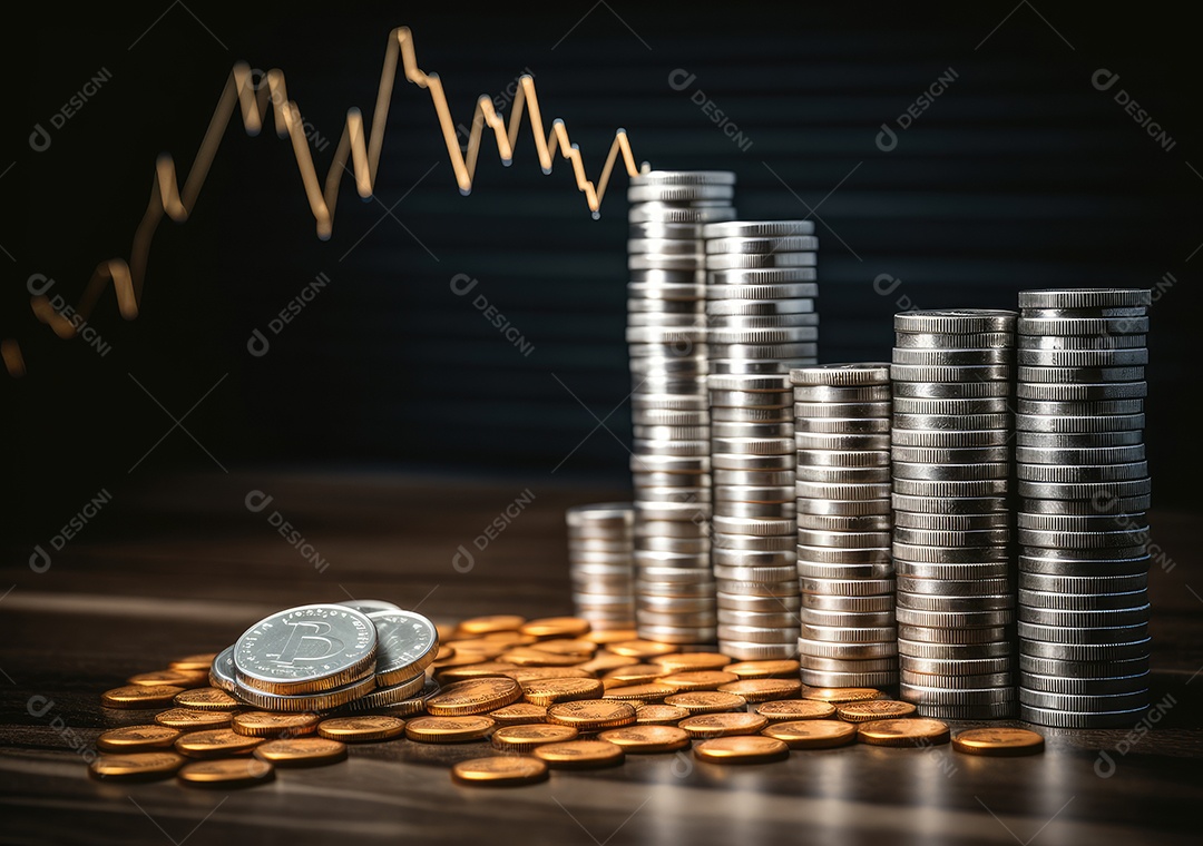 Pilha de pilha de moedas de prata e gráfico de dinheiro crescente em linhas.
