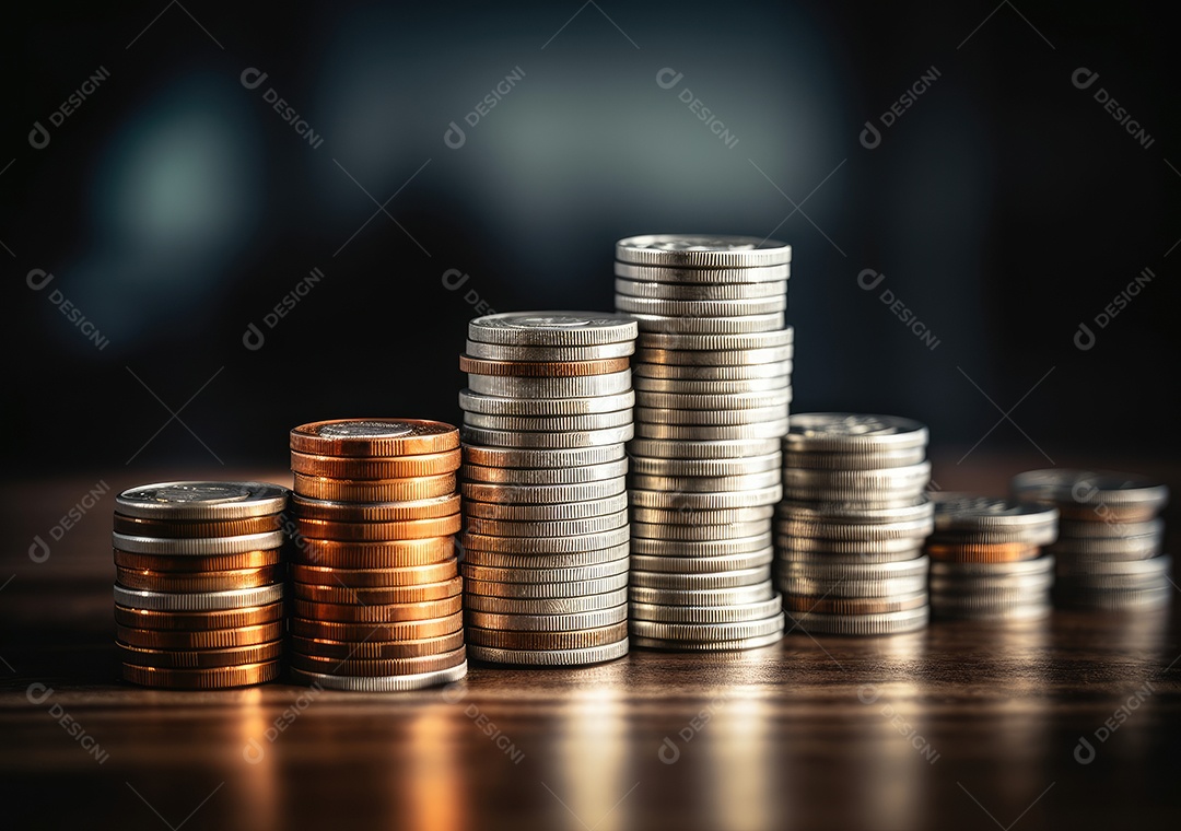 Pilha de pilha de moedas de prata e gráfico de dinheiro crescente em linhas.