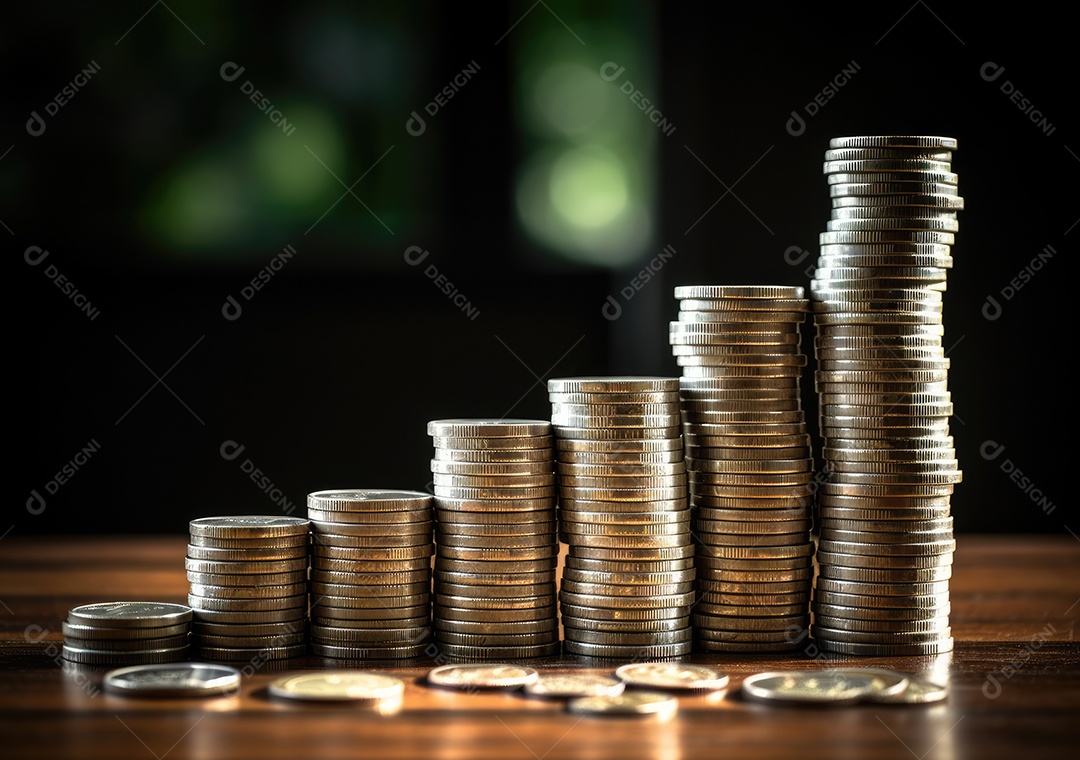 Pilha de pilha de moedas de prata e gráfico de dinheiro crescente em linhas.