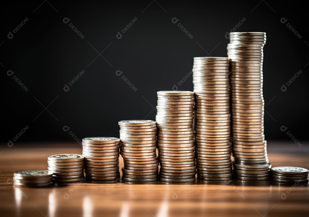 Pilha de pilha de moedas de prata e gráfico de dinheiro crescente em linhas.