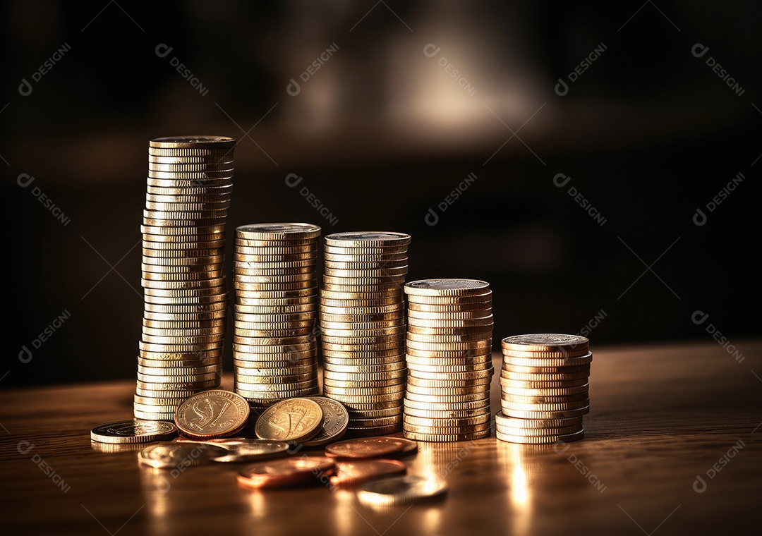 Pilha de pilha de moedas de prata e gráfico de dinheiro crescente em linhas.