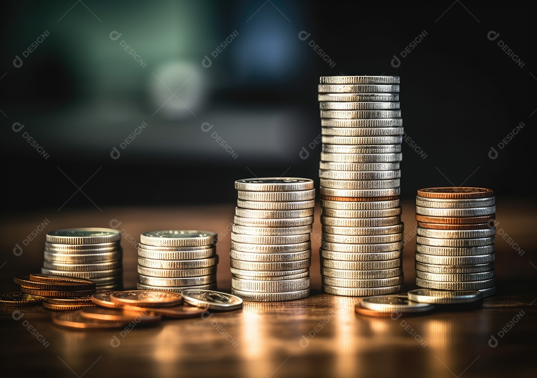 Pilha de pilha de moedas de prata e gráfico de dinheiro crescente em linhas.