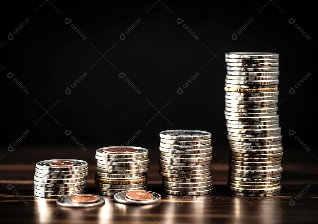 Pilha de pilha de moedas de prata e gráfico de dinheiro crescente em linhas.