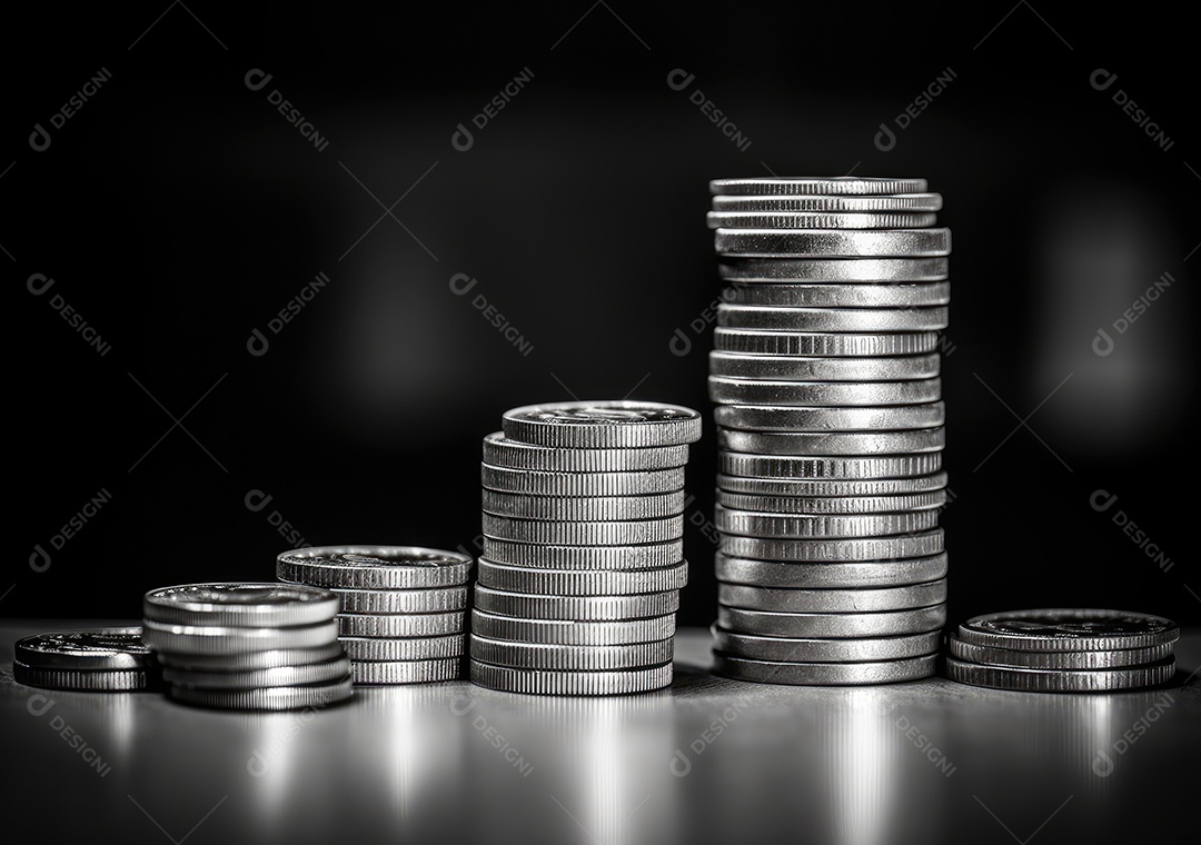 Pilha de pilha de moedas de prata e gráfico de dinheiro crescente em linhas.