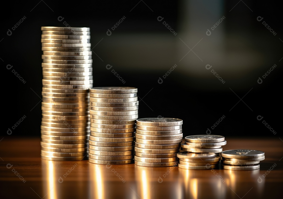 Pilha de pilha de moedas de prata e gráfico de dinheiro crescente em linhas.