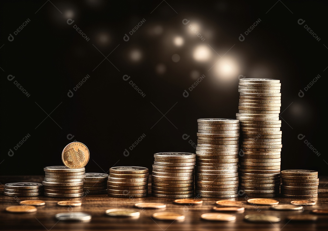 Pilha de pilha de moedas de prata e gráfico de dinheiro crescente em linhas.