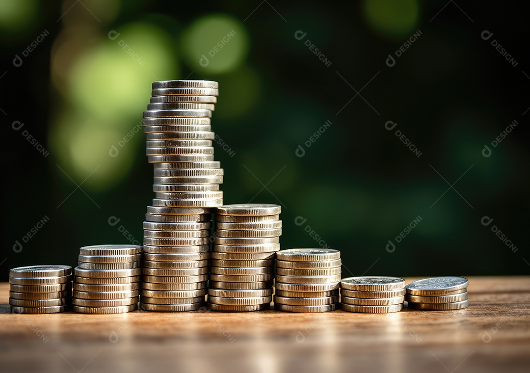 Pilha de pilha de moedas de prata e gráfico de dinheiro crescente em linhas.