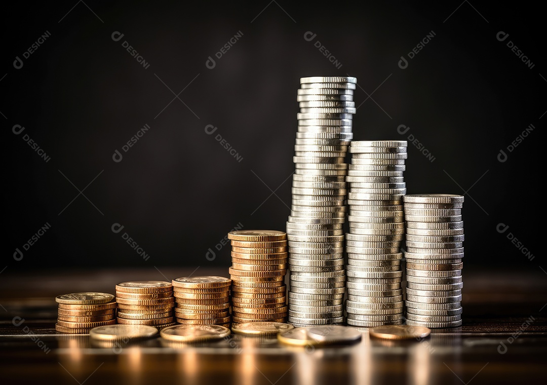 Pilha de pilha de moedas de prata e gráfico de dinheiro crescente em linhas.