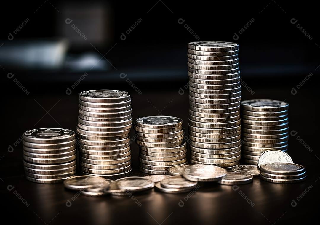 Pilha de pilha de moedas de prata e gráfico de dinheiro crescente em linhas.