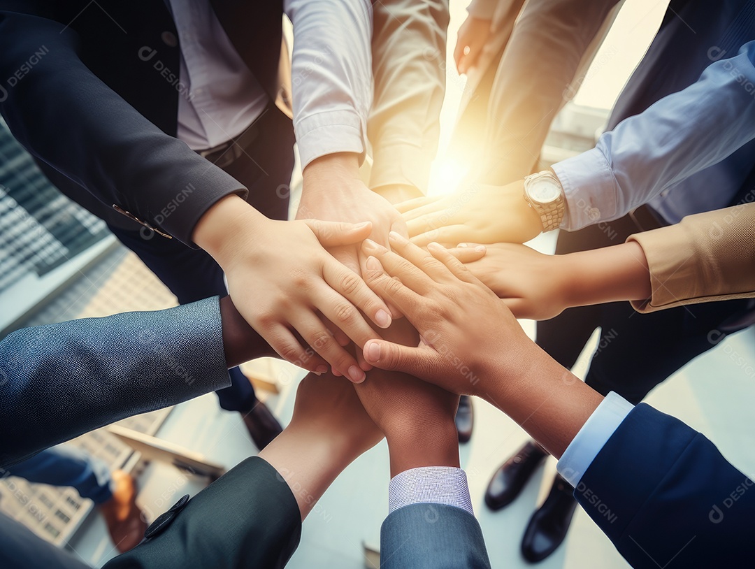 Grupo diversificado de empresários juntou as mãos na pilha